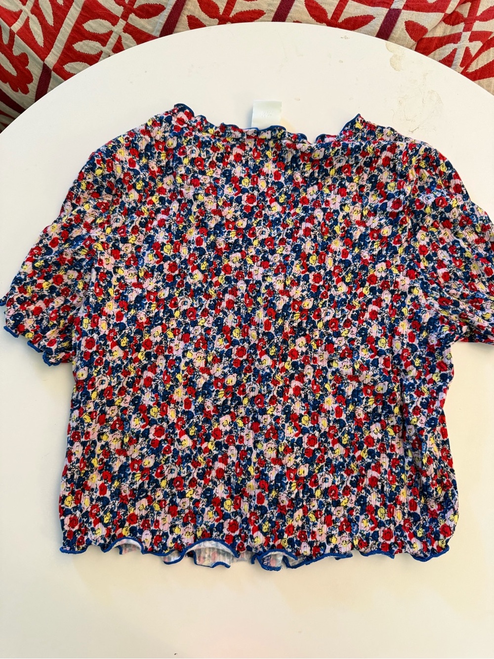 H&M Floral Ruffle-Trim Cropped Button Top - Blue/Red/Yellow - Picture 3 of 5